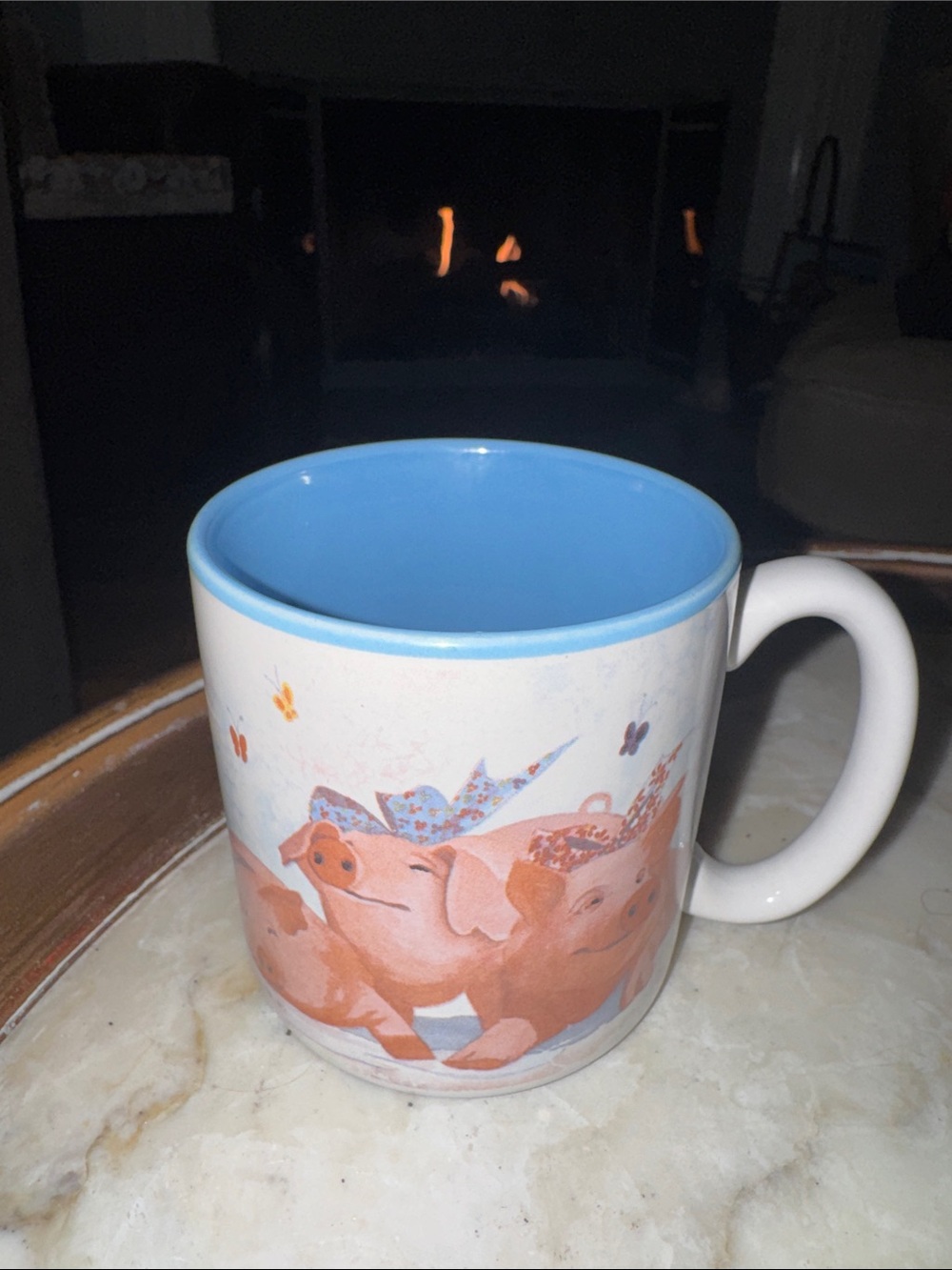 White Ceramic Mug with pink pigs  Blue Interior “Pig Out”